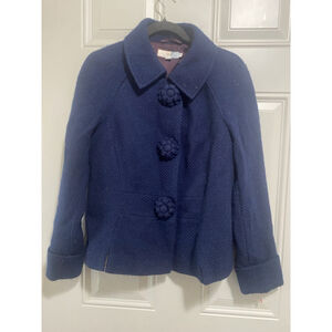 Biden Navy Blue Waffle Knit Jacket Crochet Flower Buttons 10